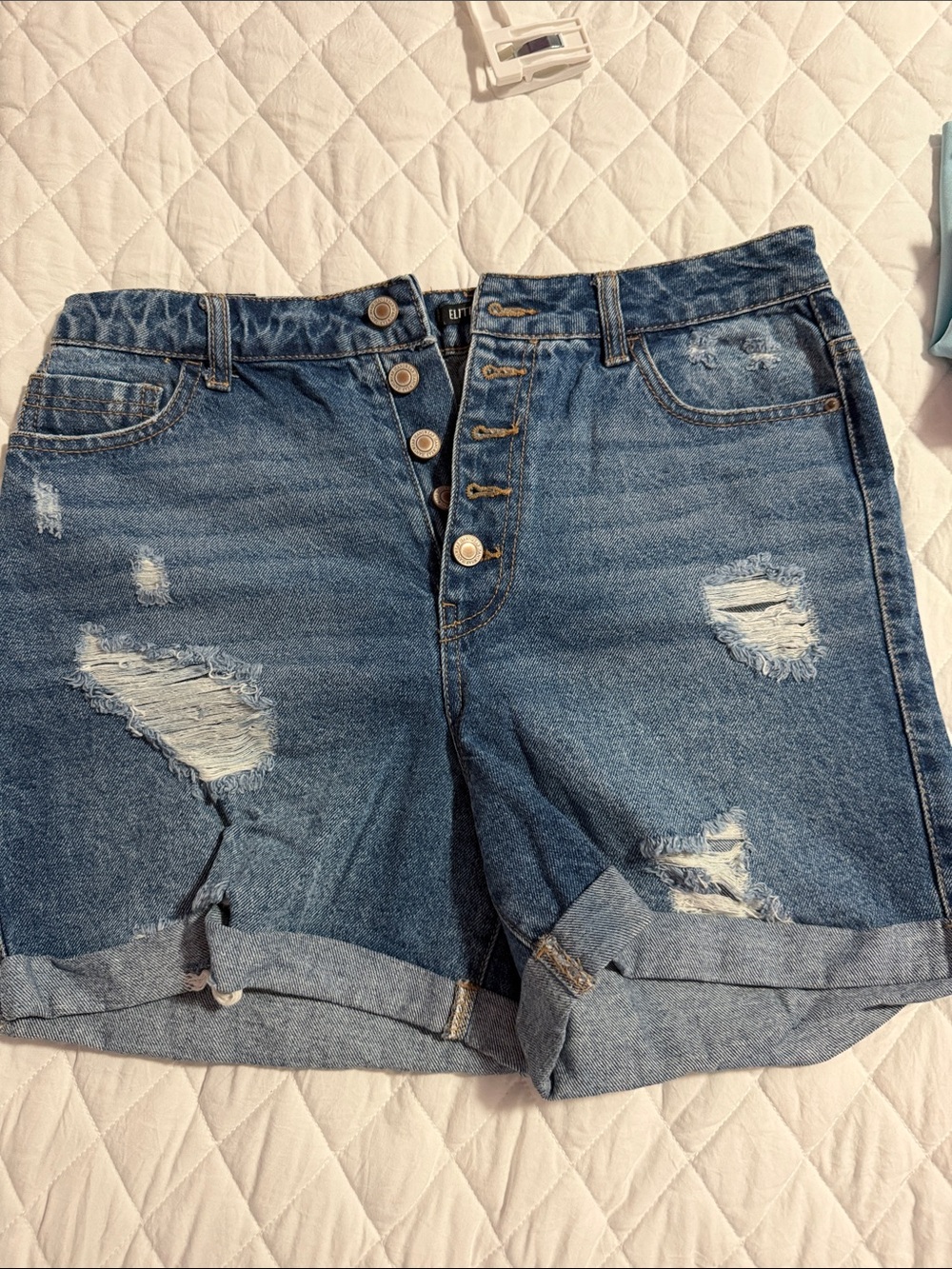 High-Rise Distressed Denim Shorts - Blue